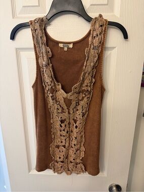 gimmicks by BKE Brown Ribbed Tank with Lace Panel